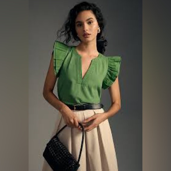 Anthropologie Tops - Anthropologie Green Ruffle Sleeve Top